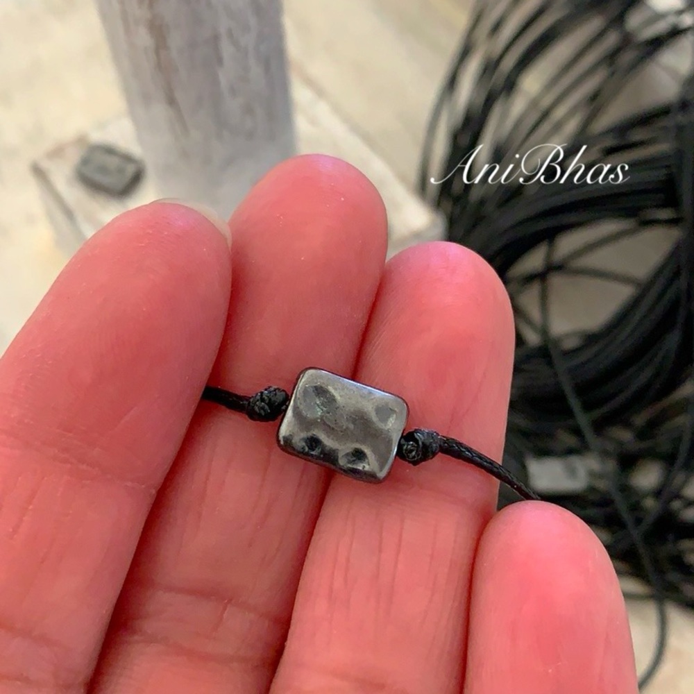 Rectangle Gun Metal Tone Wax Cord Bracelet